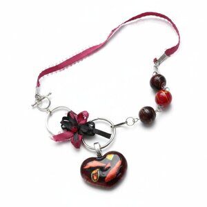 CREATION - Heart vintage pendant 💖 short necklace - ribbon burgundy black